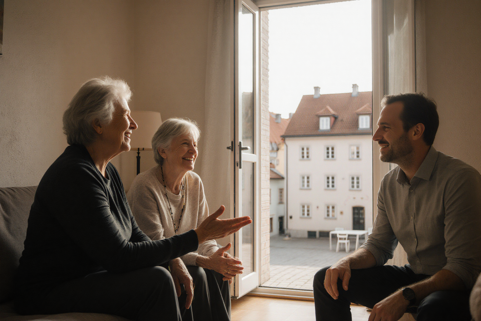 Wohnungsgespräch mit sichtbarem kleinstädtischem Platzumfeld