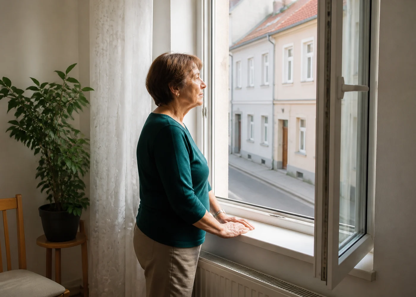 Eigentümerin an einem hohen Wohnungsfenster mit Blick auf eine zentrale Fassadenzeile