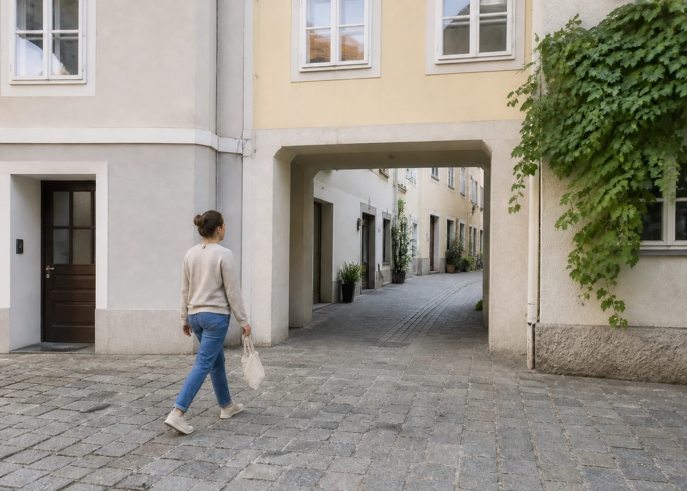 Erwachsene Person auf dem Weg von einer Platzkante in eine zentrale Wohngasse
